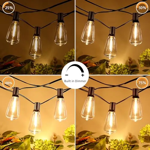 Brightever Dimmable Outdoor String Lights with Remote,3 Colors in 1 LED Patio Lights for Outside with 25 1 ST38 Edison Bulbs, 50FT 3 Modes Gazebo Lights Waterproof for Camping Deck, 2700K/4000K/5000K