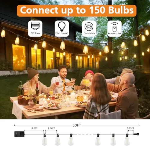 Brightever Dimmable Outdoor String Lights with Remote,3 Colors in 1 LED Patio Lights for Outside with 25 1 ST38 Edison Bulbs, 50FT 3 Modes Gazebo Lights Waterproof for Camping Deck, 2700K/4000K/5000K