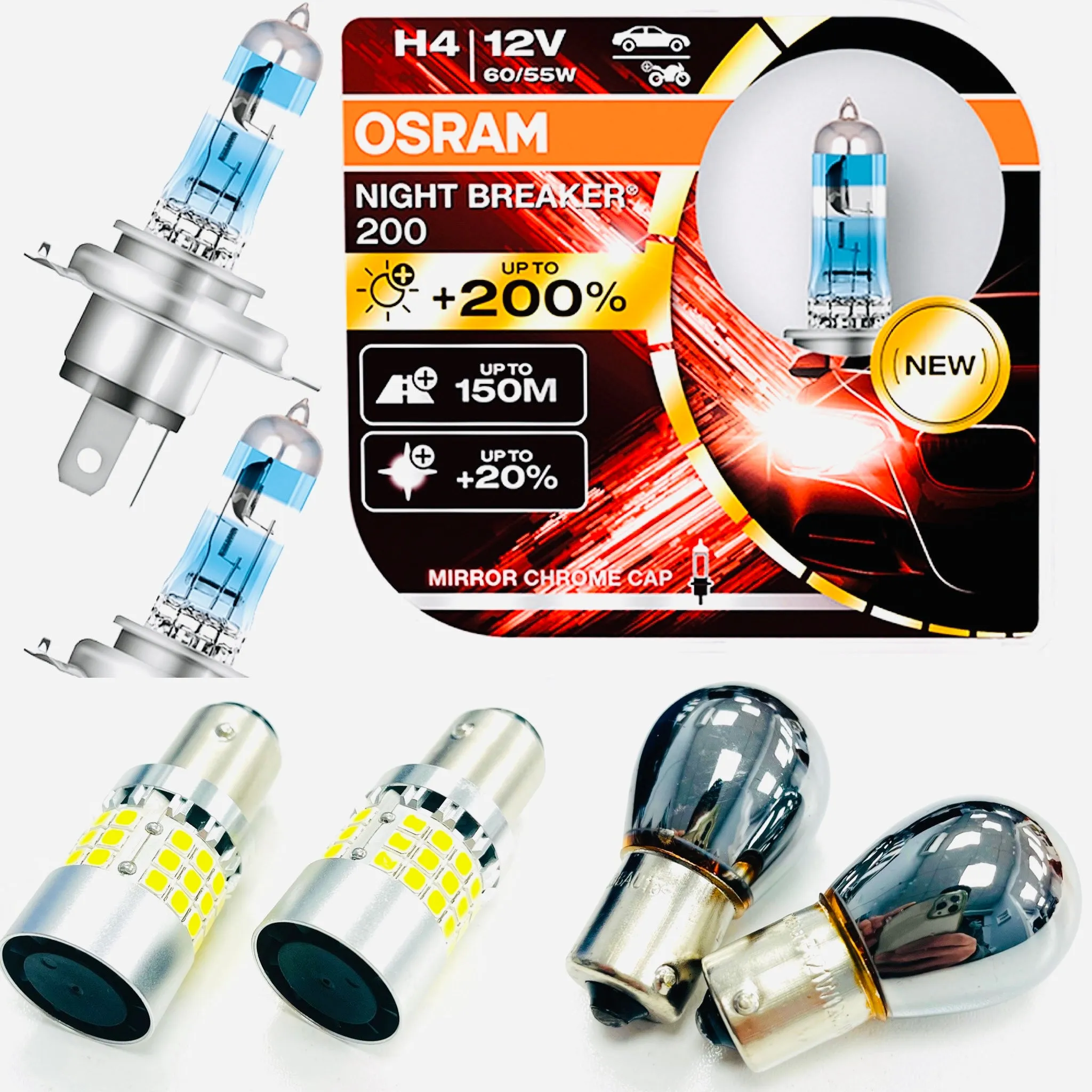 Caddy MK3 11-15 H4 Osram Night Breaker 200, LED DRL Upgrade Bulbs & Chrome Indicator Bulbs