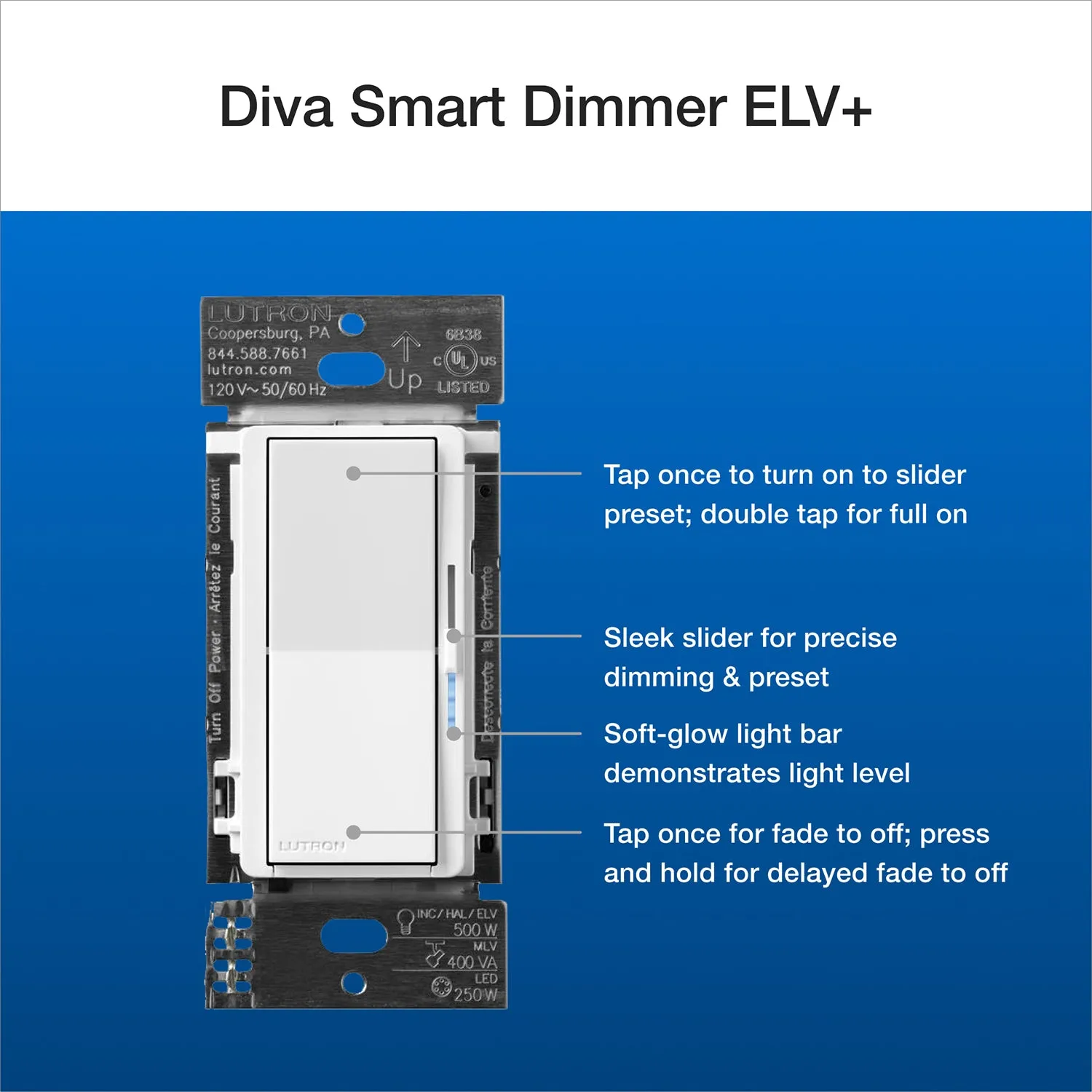 Caseta Smart Dimmer Switch ELV , 250 Watts, Neutral Required, White