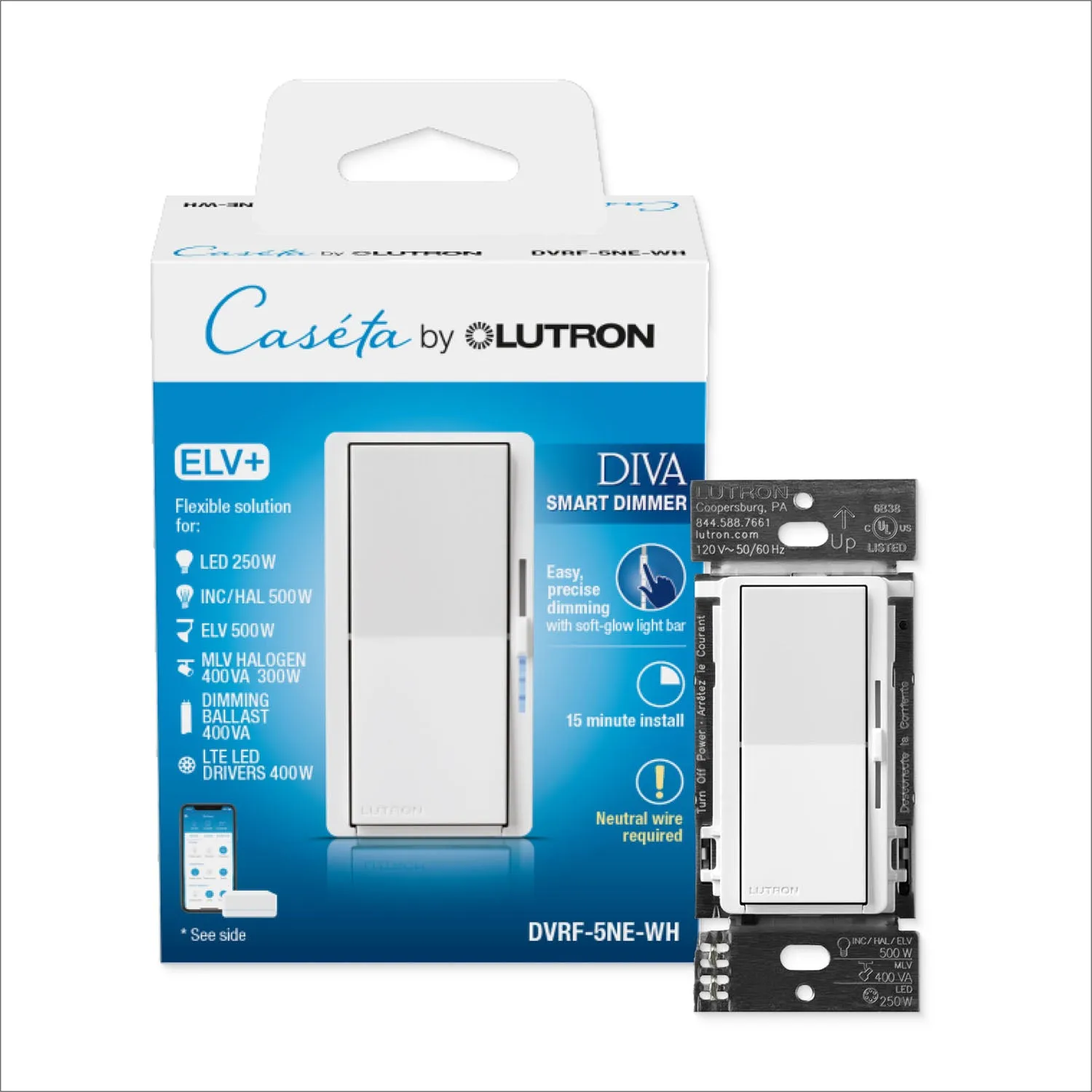 Caseta Smart Dimmer Switch ELV , 250 Watts, Neutral Required, White