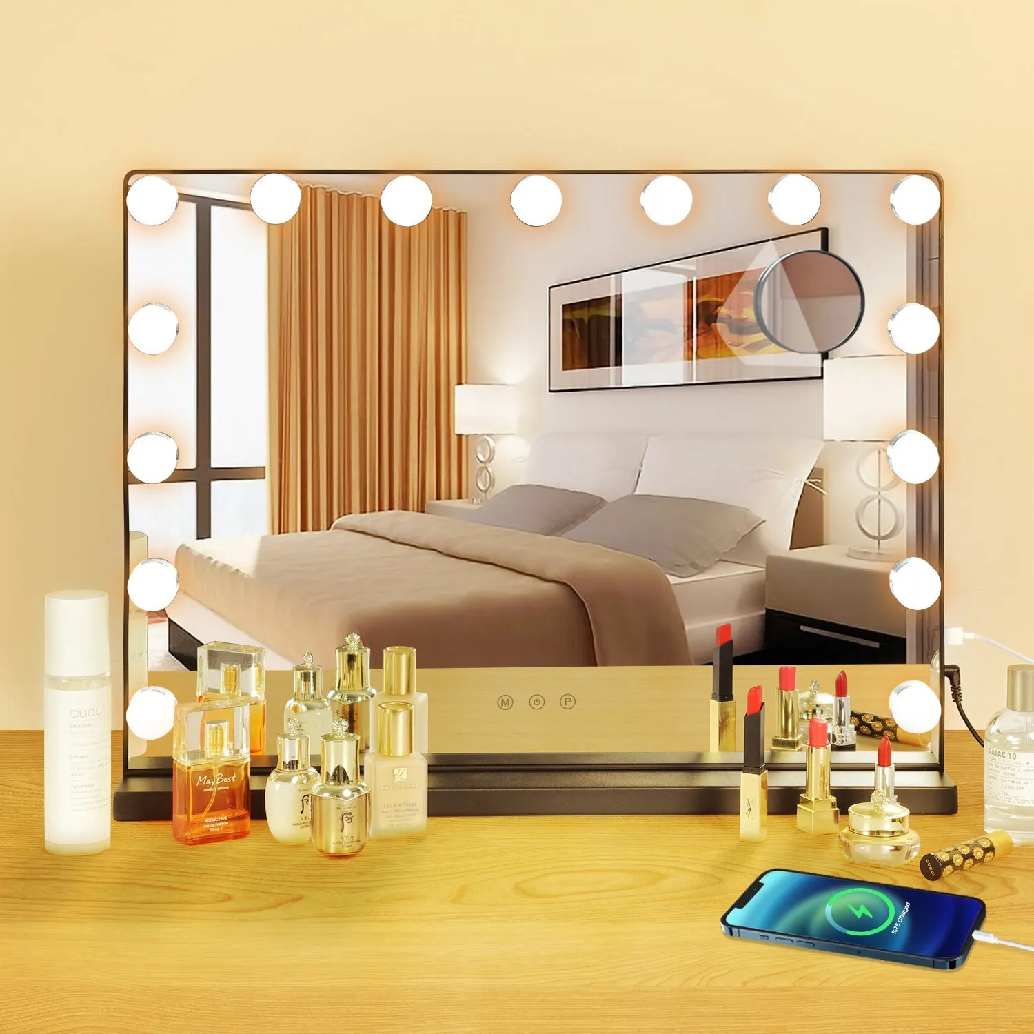 Depuley 23 x 18 In Makeup Vanity Mirror, 3 Color Changing 15Pcs Dimmable LED Light Bulbs, Smart Touch Control Standing Mirror Light, Lighted Mirror with 10X Magnification, Tabletop, Bedroom, Dressing Room, Black, 58 x 44 cm