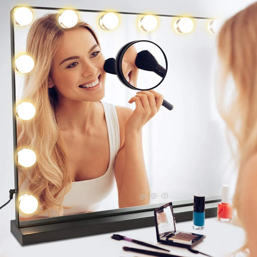 Depuley 23 x 18 In Makeup Vanity Mirror, 3 Color Changing 15Pcs Dimmable LED Light Bulbs, Smart Touch Control Standing Mirror Light, Lighted Mirror with 10X Magnification, Tabletop, Bedroom, Dressing Room, Black, 58 x 44 cm