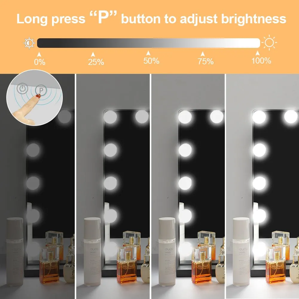 Depuley 23 x 18 In Makeup Vanity Mirror, 3 Color Changing 15Pcs Dimmable LED Light Bulbs, Smart Touch Control Standing Mirror Light, Lighted Mirror with 10X Magnification, Tabletop, Bedroom, Dressing Room, Black, 58 x 44 cm