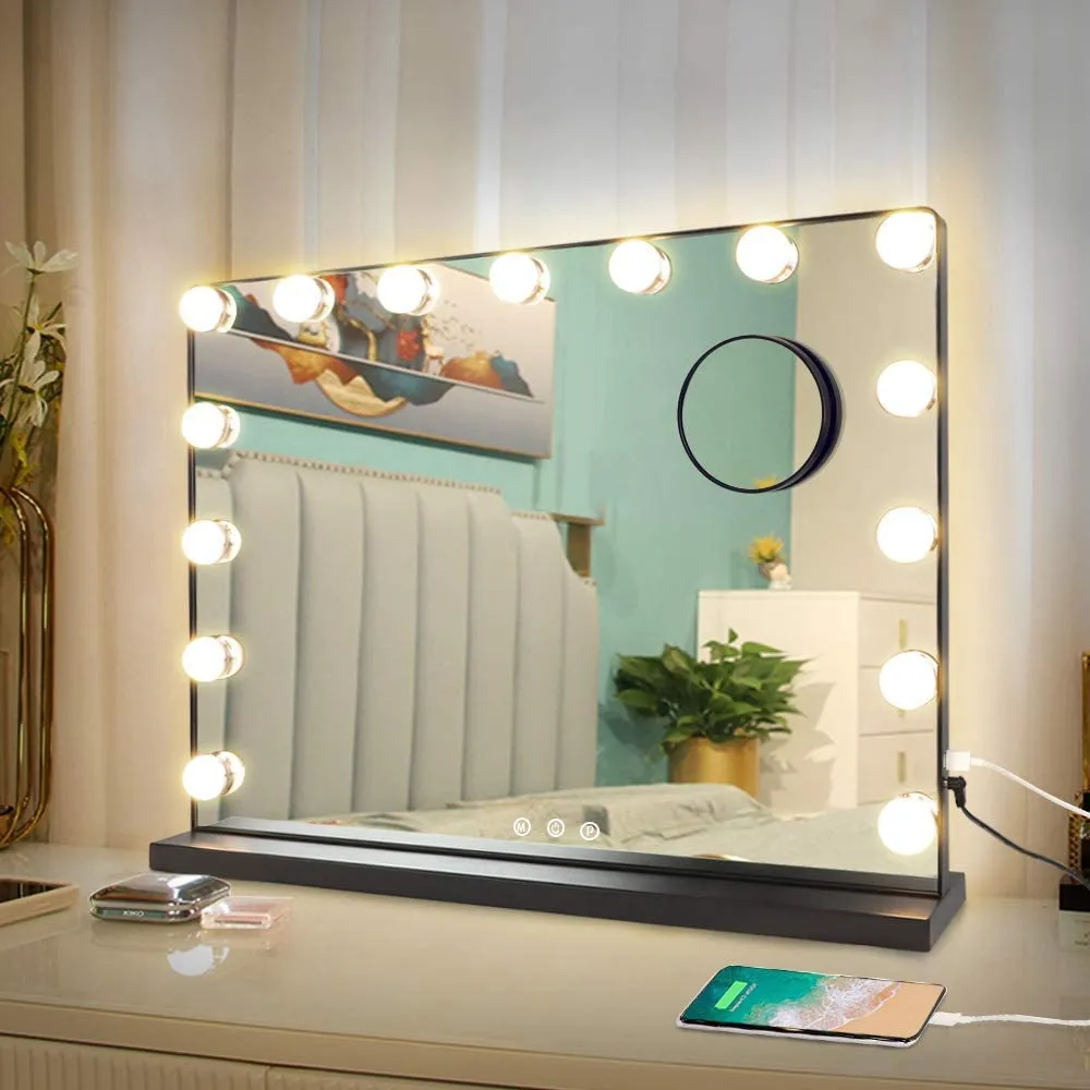 Depuley 23 x 18 In Makeup Vanity Mirror, 3 Color Changing 15Pcs Dimmable LED Light Bulbs, Smart Touch Control Standing Mirror Light, Lighted Mirror with 10X Magnification, Tabletop, Bedroom, Dressing Room, Black, 58 x 44 cm