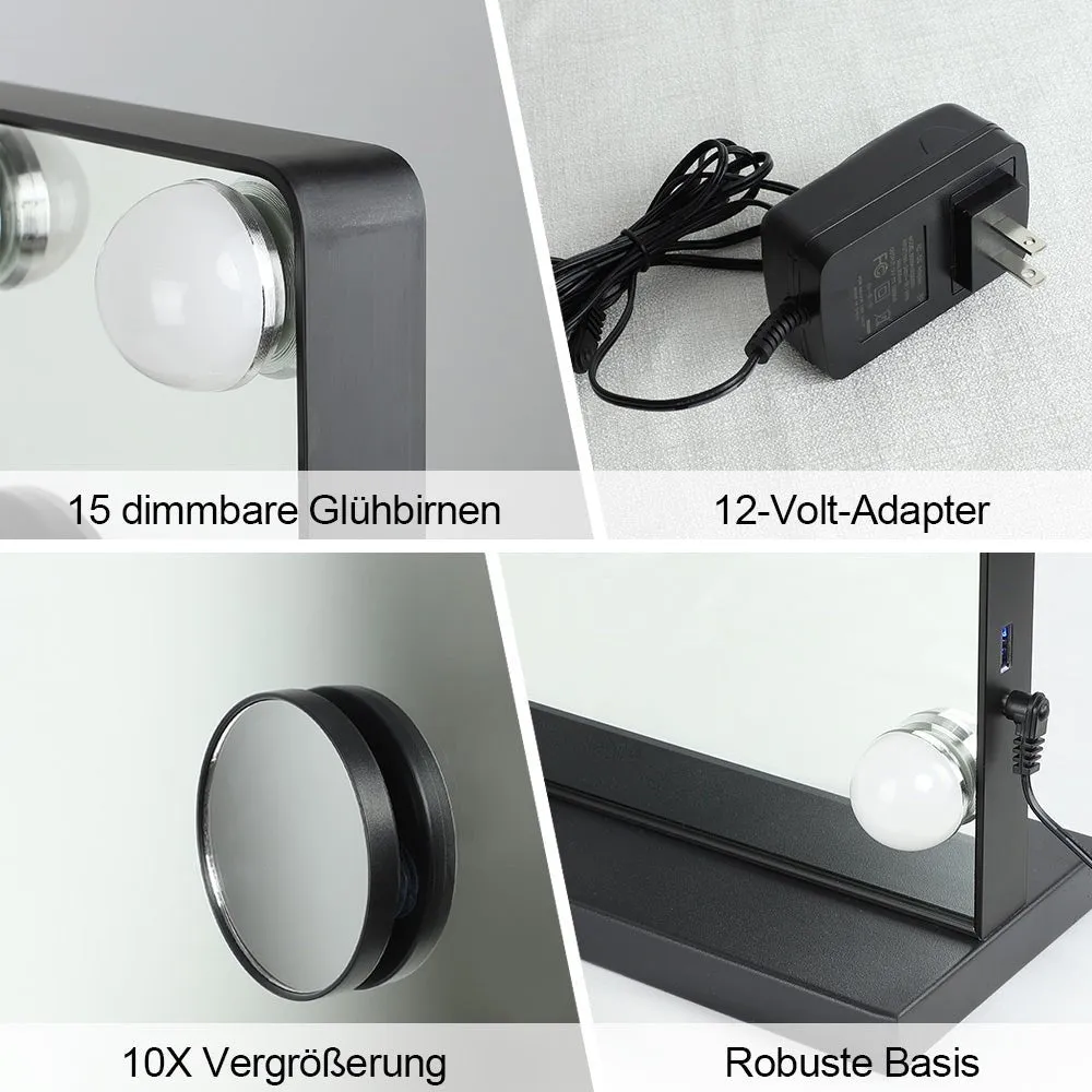Depuley 23 x 18 In Makeup Vanity Mirror, 3 Color Changing 15Pcs Dimmable LED Light Bulbs, Smart Touch Control Standing Mirror Light, Lighted Mirror with 10X Magnification, Tabletop, Bedroom, Dressing Room, Black, 58 x 44 cm