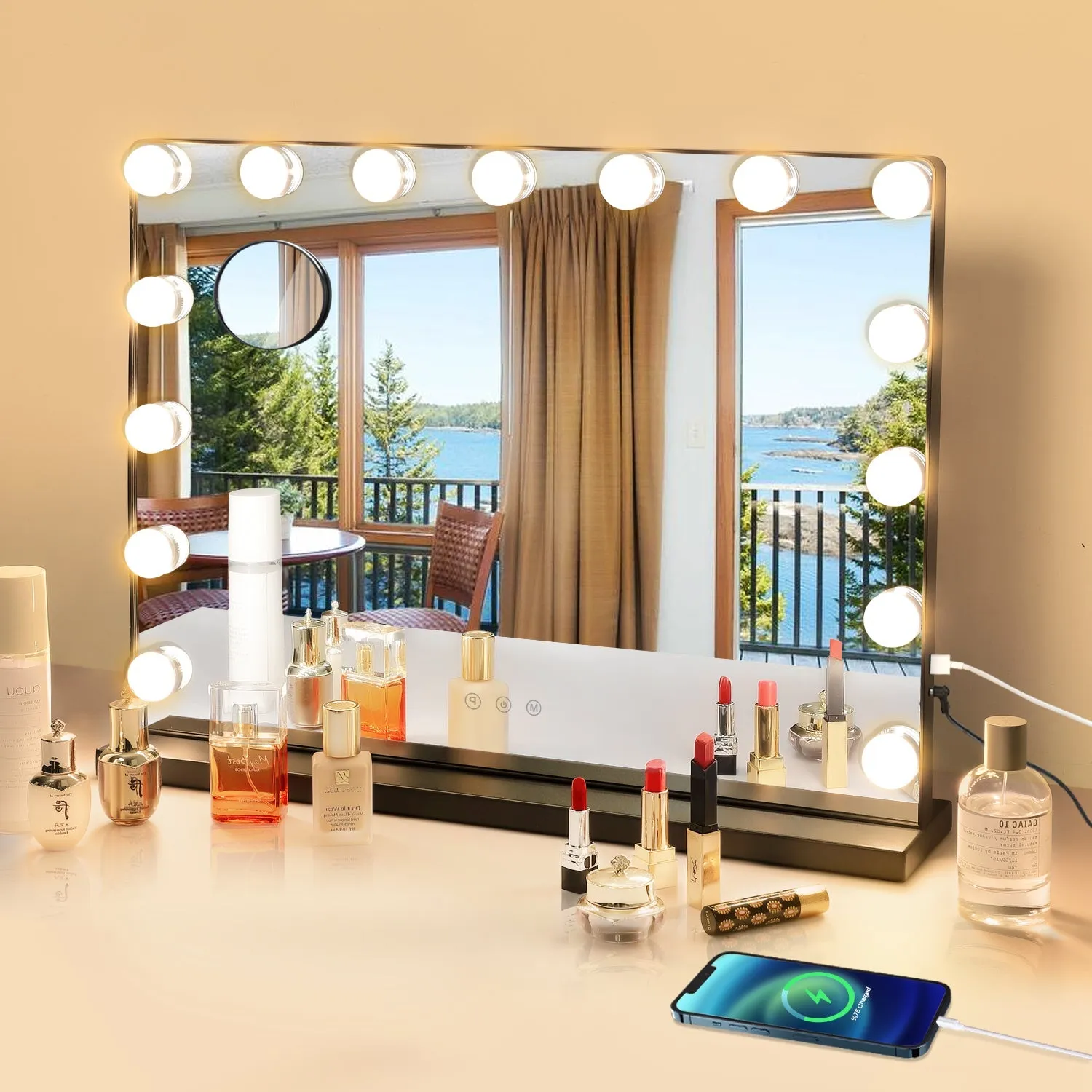 Depuley 23 x 18 In Makeup Vanity Mirror, 3 Color Changing 15Pcs Dimmable LED Light Bulbs, Smart Touch Control Standing Mirror Light, Lighted Mirror with 10X Magnification, Tabletop, Bedroom, Dressing Room, Black, 58 x 44 cm
