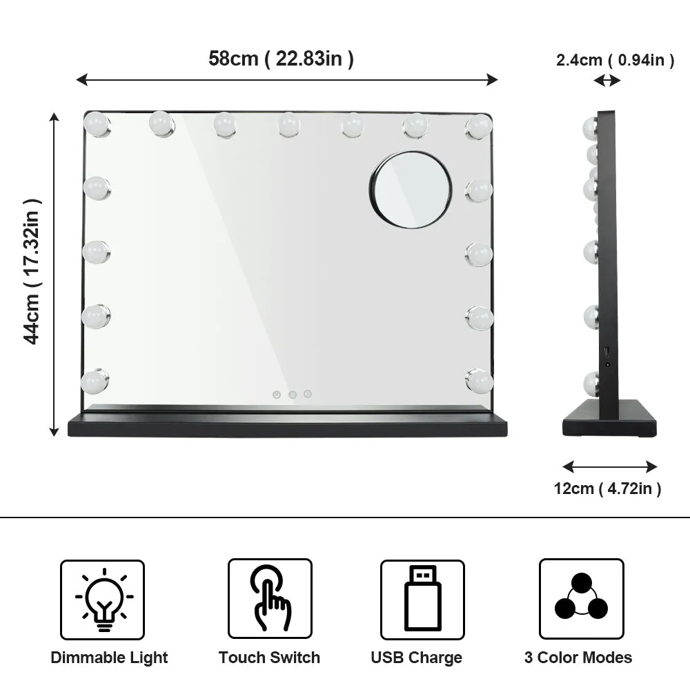 Depuley 23 x 18 In Makeup Vanity Mirror, 3 Color Changing 15Pcs Dimmable LED Light Bulbs, Smart Touch Control Standing Mirror Light, Lighted Mirror with 10X Magnification, Tabletop, Bedroom, Dressing Room, Black, 58 x 44 cm