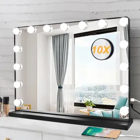 Depuley 23 x 18 In Makeup Vanity Mirror, 3 Color Changing 15Pcs Dimmable LED Light Bulbs, Smart Touch Control Standing Mirror Light, Lighted Mirror with 10X Magnification, Tabletop, Bedroom, Dressing Room, Black, 58 x 44 cm