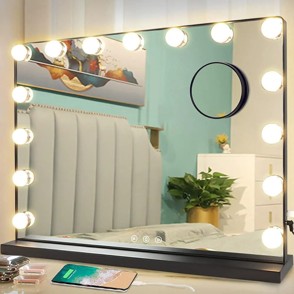 Depuley 23 x 18 In Makeup Vanity Mirror, 3 Color Changing 15Pcs Dimmable LED Light Bulbs, Smart Touch Control Standing Mirror Light, Lighted Mirror with 10X Magnification, Tabletop, Bedroom, Dressing Room, Black, 58 x 44 cm