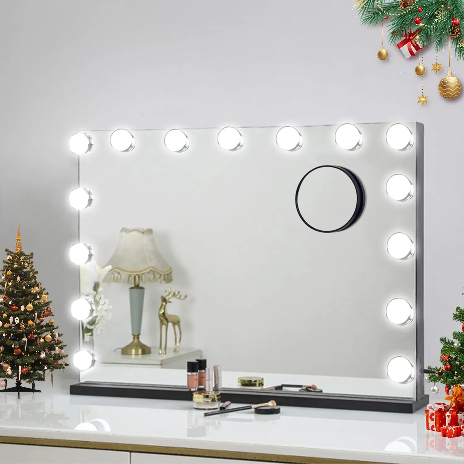 Depuley 23 x 18 In Makeup Vanity Mirror, 3 Color Changing 15Pcs Dimmable LED Light Bulbs, Smart Touch Control Standing Mirror Light, Lighted Mirror with 10X Magnification, Tabletop, Bedroom, Dressing Room, Black, 58 x 44 cm