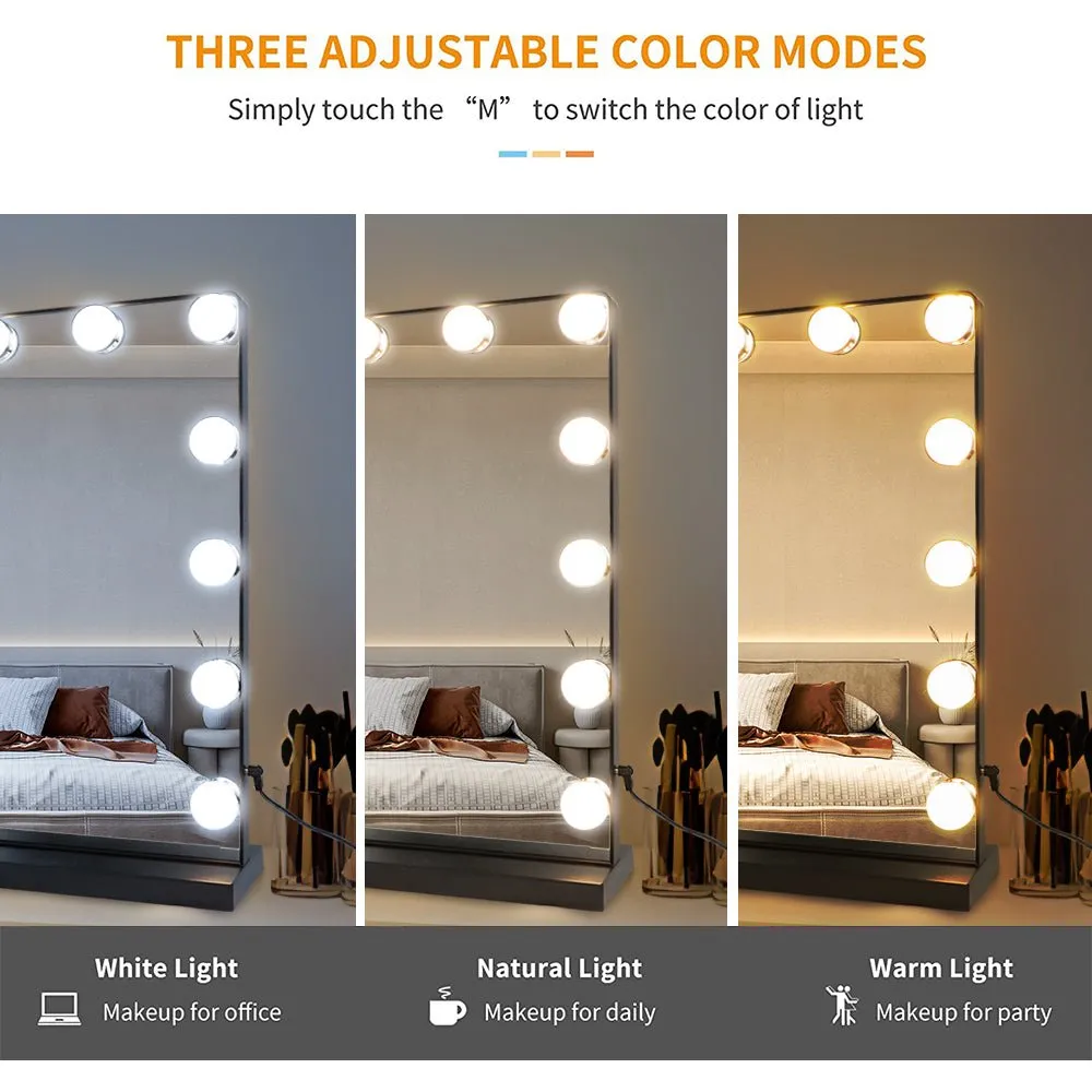 Depuley 23 x 18 In Makeup Vanity Mirror, 3 Color Changing 15Pcs Dimmable LED Light Bulbs, Smart Touch Control Standing Mirror Light, Lighted Mirror with 10X Magnification, Tabletop, Bedroom, Dressing Room, Black, 58 x 44 cm