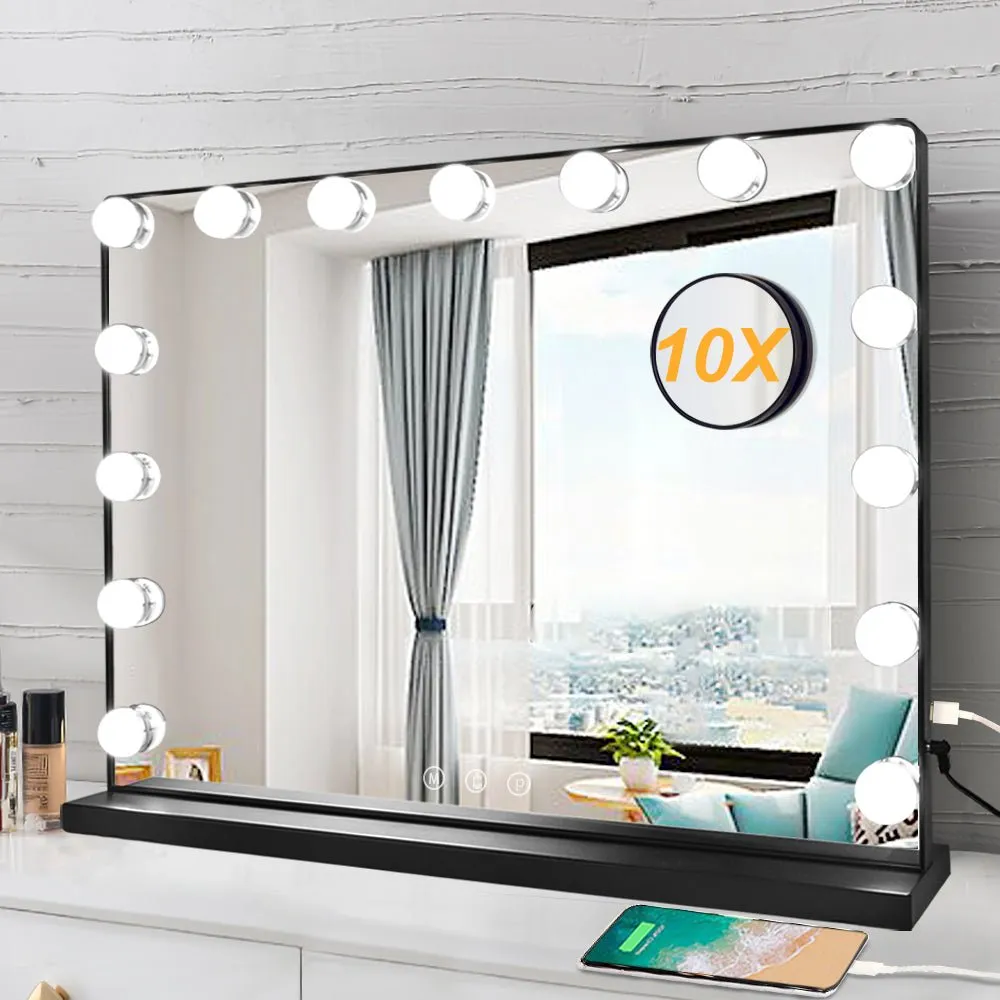 Depuley 23 x 18 In Makeup Vanity Mirror, 3 Color Changing 15Pcs Dimmable LED Light Bulbs, Smart Touch Control Standing Mirror Light, Lighted Mirror with 10X Magnification, Tabletop, Bedroom, Dressing Room, Black, 58 x 44 cm