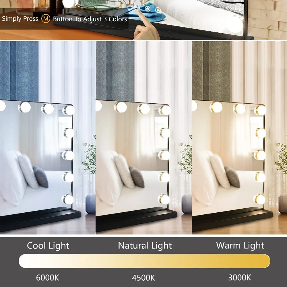Depuley 23 x 18 In Makeup Vanity Mirror, 3 Color Changing 15Pcs Dimmable LED Light Bulbs, Smart Touch Control Standing Mirror Light, Lighted Mirror with 10X Magnification, Tabletop, Bedroom, Dressing Room, Black, 58 x 44 cm