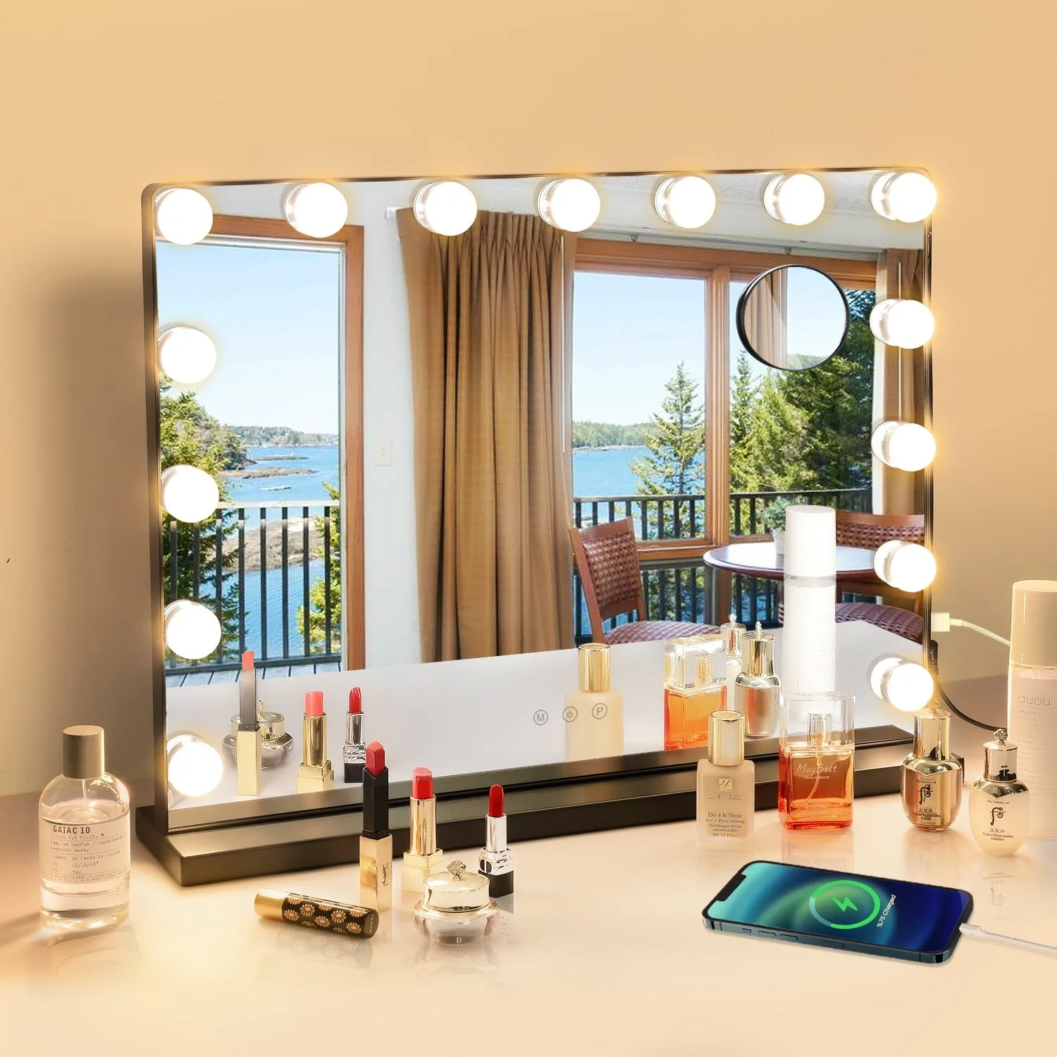 Depuley 23 x 18 In Makeup Vanity Mirror, 3 Color Changing 15Pcs Dimmable LED Light Bulbs, Smart Touch Control Standing Mirror Light, Lighted Mirror with 10X Magnification, Tabletop, Bedroom, Dressing Room, Black, 58 x 44 cm