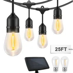 EAGLE PEAK 25 FT S14 Solar-Powered String Lights, IP65, 10 Shatterproof Edison Vintage Bulbs (2 Spare) for Outdoors, 10 Hanging Sockets, Decorative Lights for Christmas, Patio, Garden, Wedding, Party, and Pool