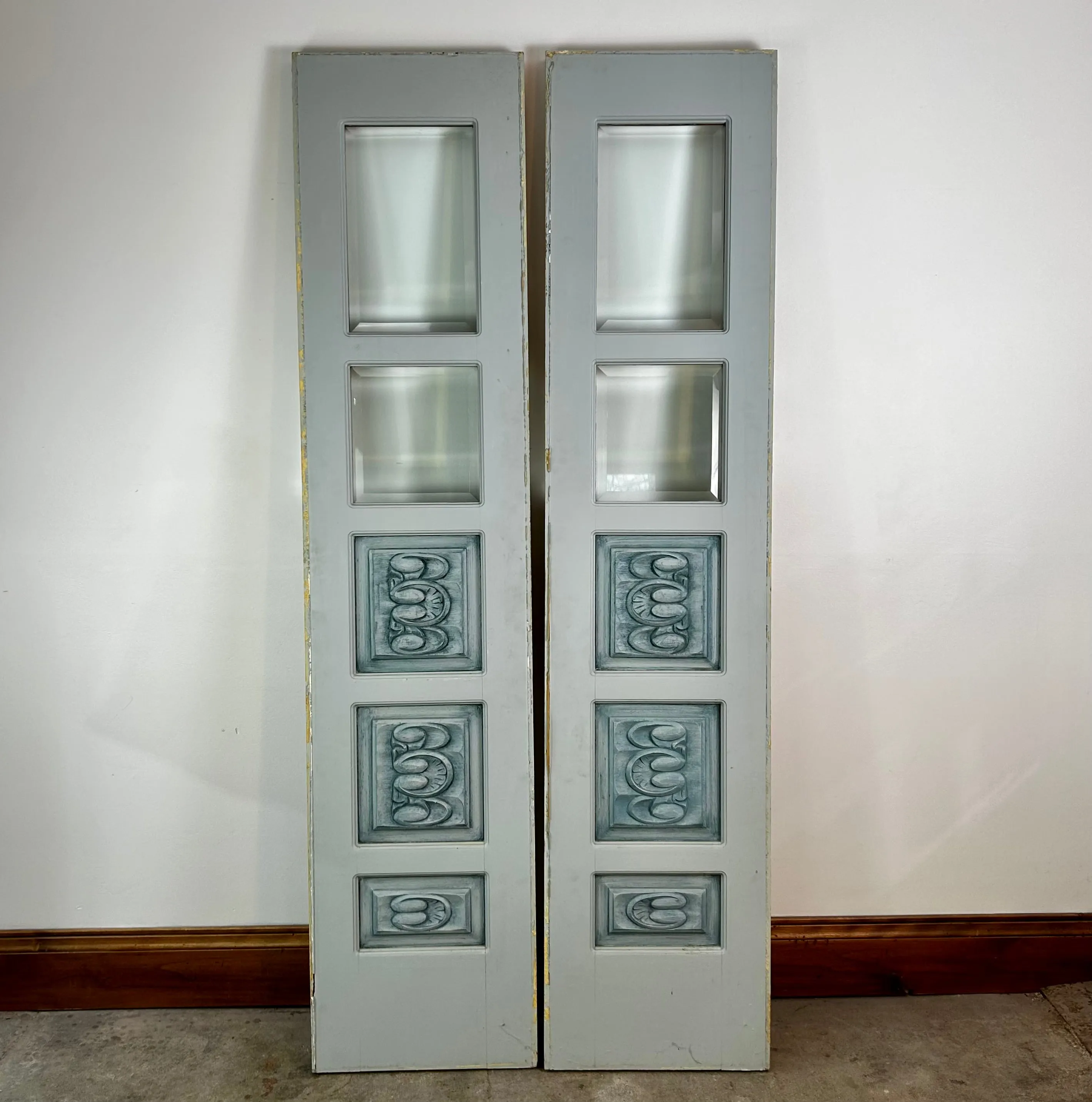 Five Panel Narrow Doors, Hand Carved Detail, Solid Wood, Beveled Glass