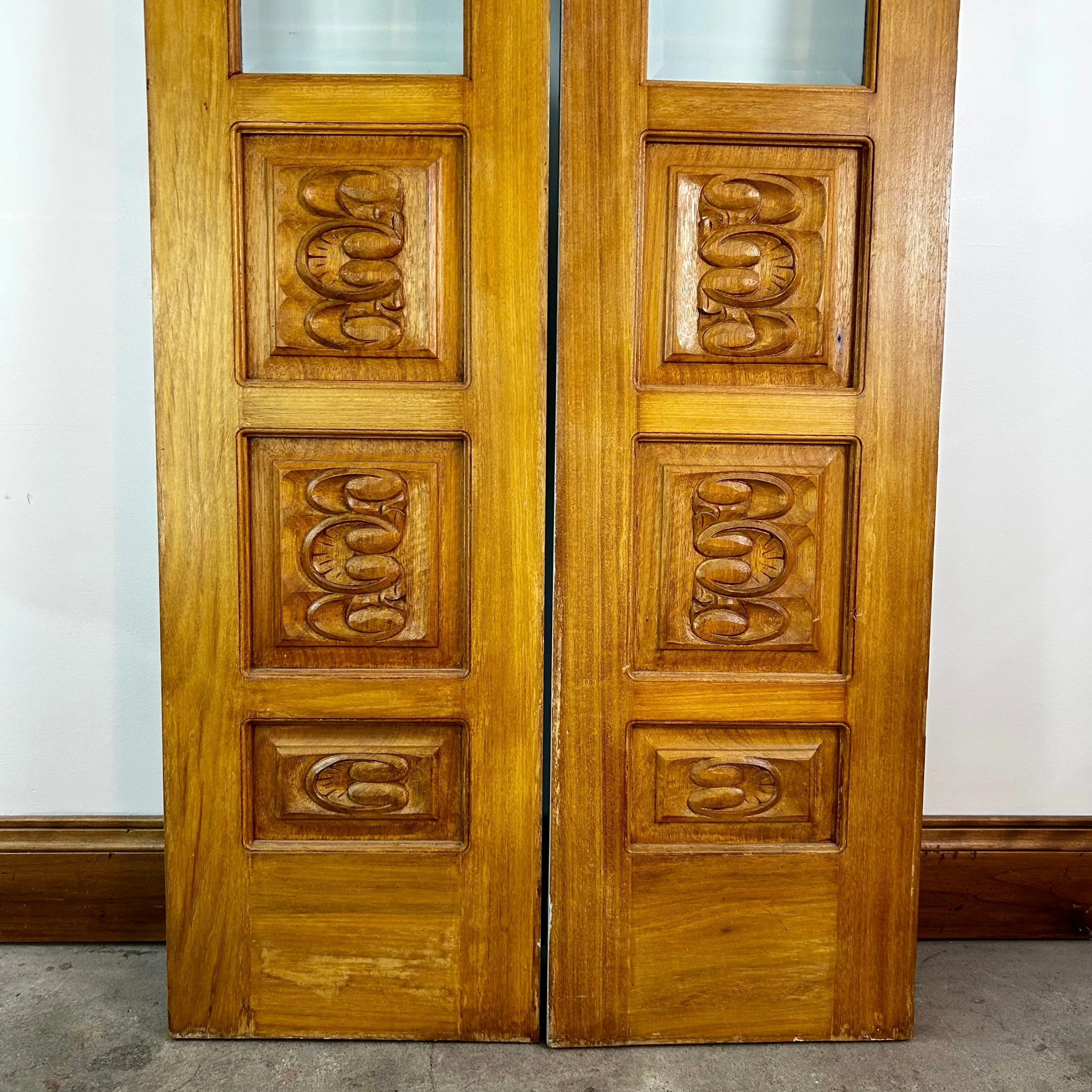Five Panel Narrow Doors, Hand Carved Detail, Solid Wood, Beveled Glass