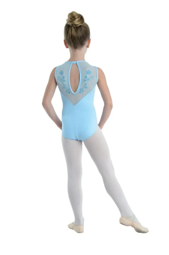 Girls V-Neck Tank Light Blue Leotard With Flock Sheer Print