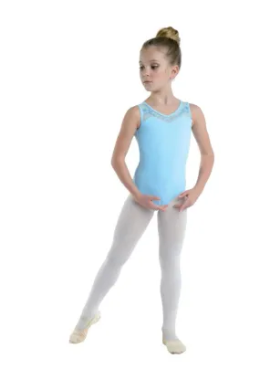 Girls V-Neck Tank Light Blue Leotard With Flock Sheer Print