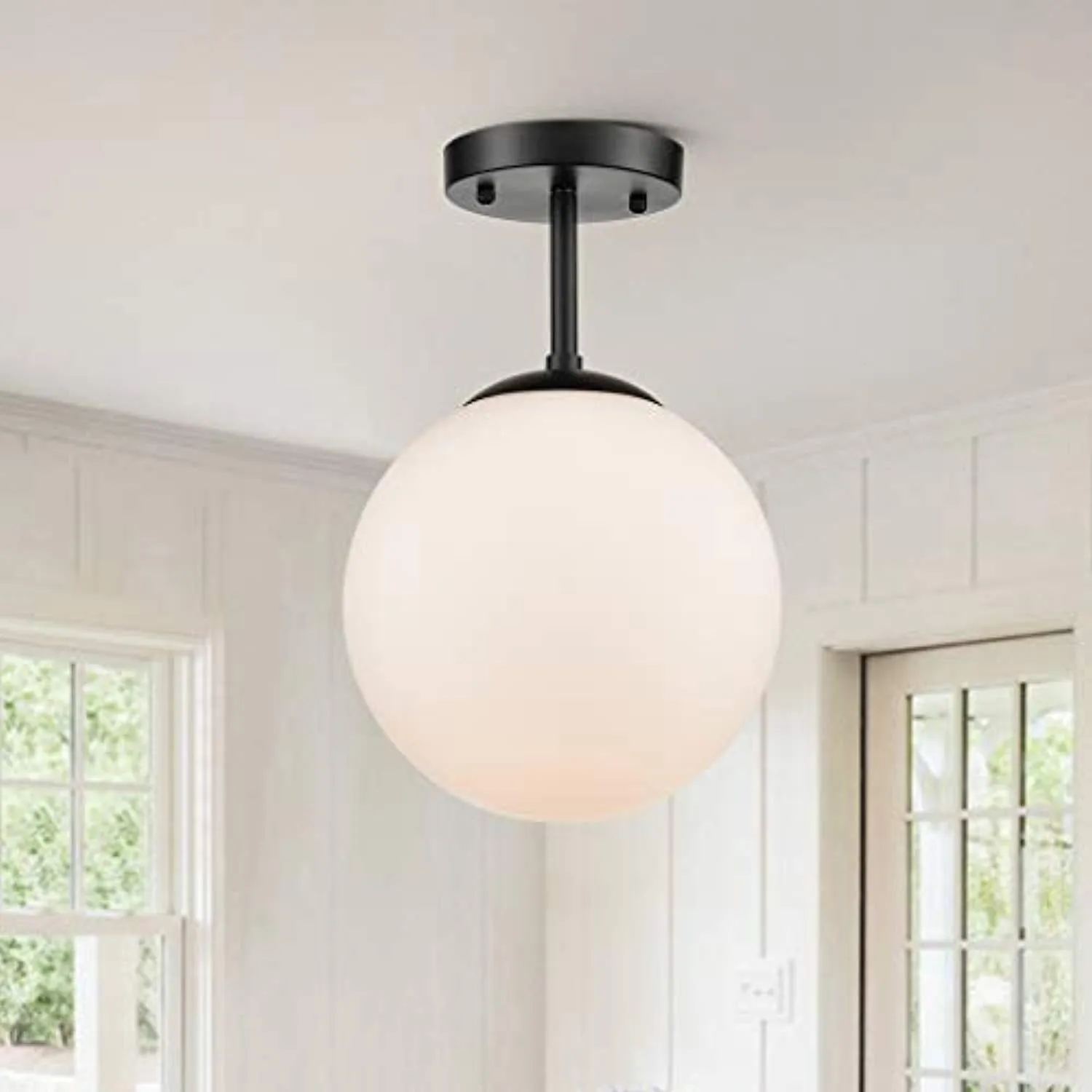 Globe Semi Flush Mount Ceiling Light, Frost White Glass with Black Finish, Contemporary Mid Century Modern Style