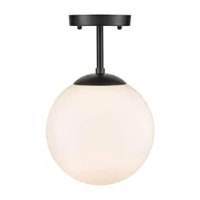 Globe Semi Flush Mount Ceiling Light, Frost White Glass with Black Finish, Contemporary Mid Century Modern Style