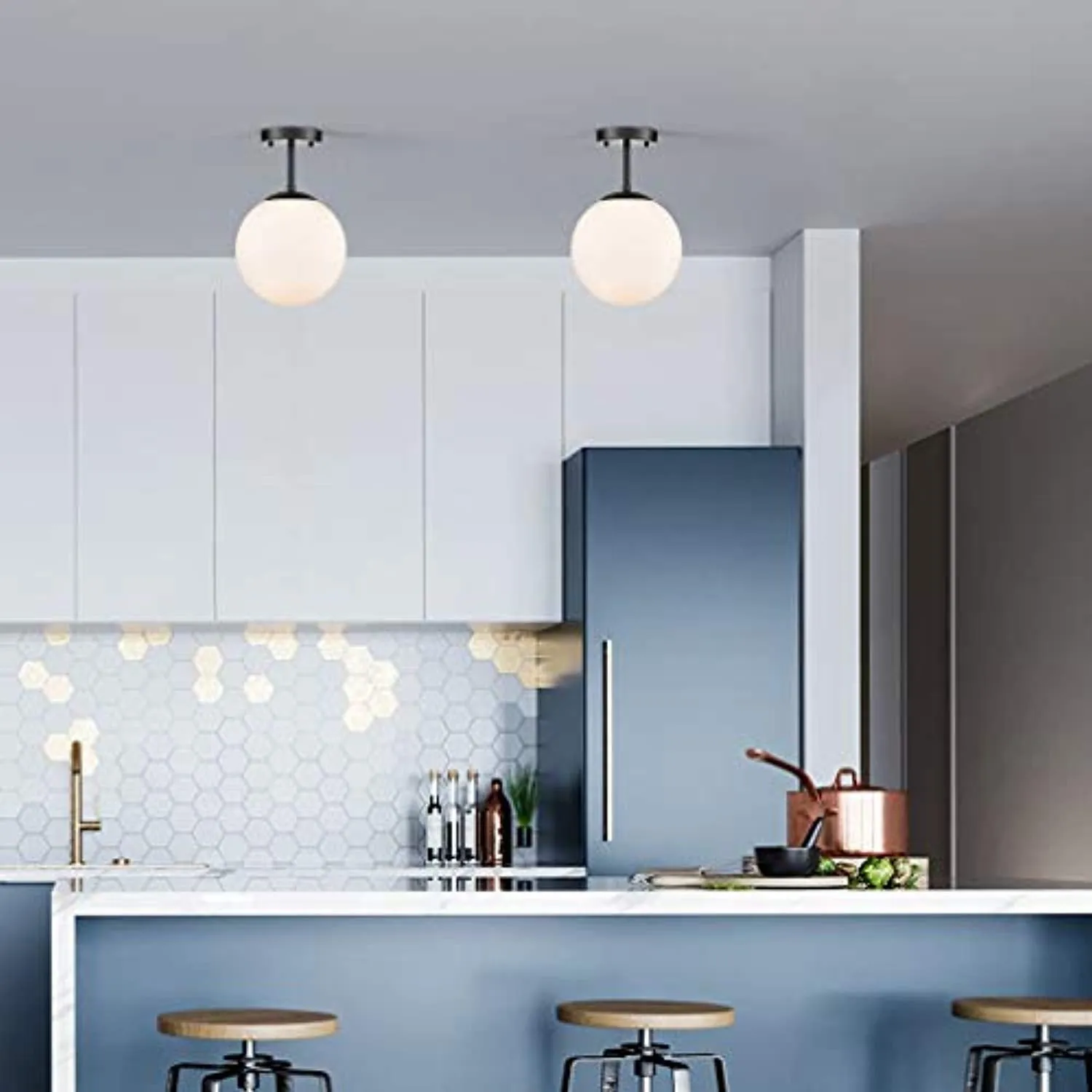 Globe Semi Flush Mount Ceiling Light, Frost White Glass with Black Finish, Contemporary Mid Century Modern Style