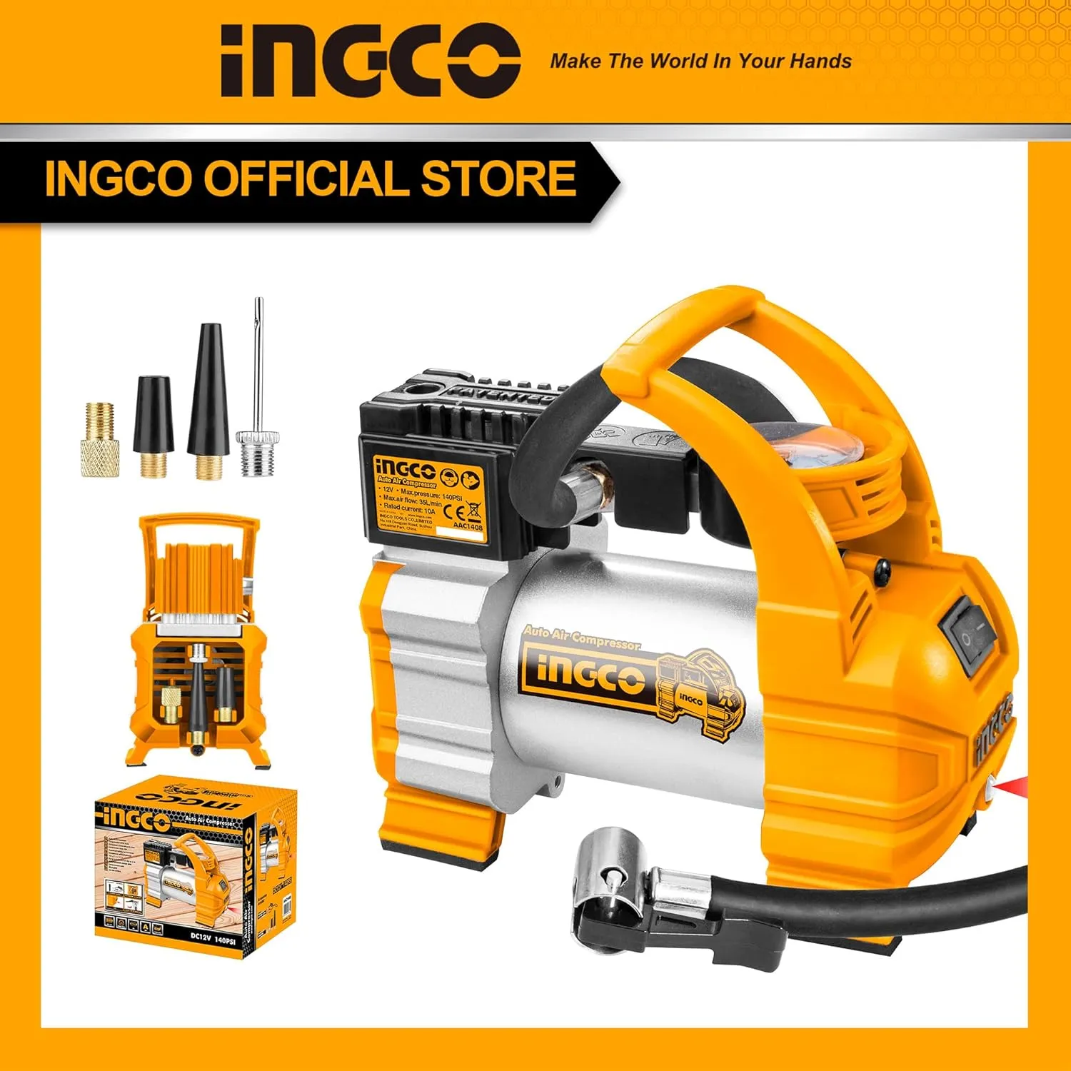 INGCO Auto Air Compressor, 12V | 10A | 140PSI Portable Tyre Inflator Pump, with Cord, Cigarette Lighter, Battery Clips, Adapters, LED Light for Car, Bicycle, Balloons and Other Inflatables AAC1408