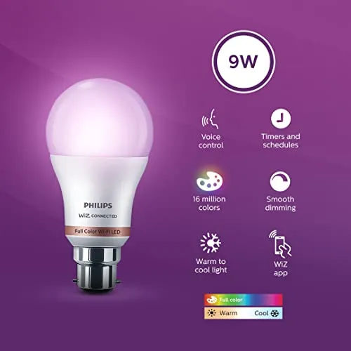 Jashiya PHILIPS Wiz Wi-Fi Enabled B22 9-Watt LED Smart Bulb, Compatible with Amazon Alexa and Google Assistant(16M Colours  Shades of White   Dimmable   Tunable),Pack of 1