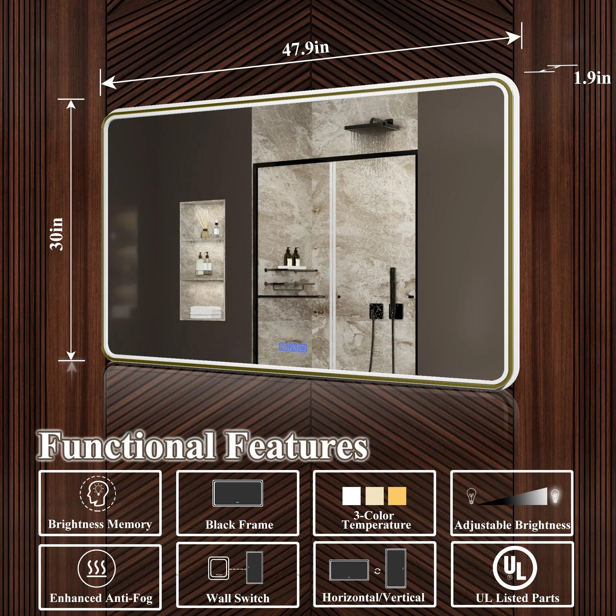 Lumina 48" W x 30" H LED Lighted Bathroom Mirror,High Illuminate, Inner & Outer Lighting,Anti-Fog, Dimmable, Golden Frame with Rounded Corners