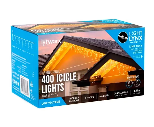 Lytworx 5.5m Warm White 400 LED Connectable Icicle Lights /8 Functions, Mem Hold