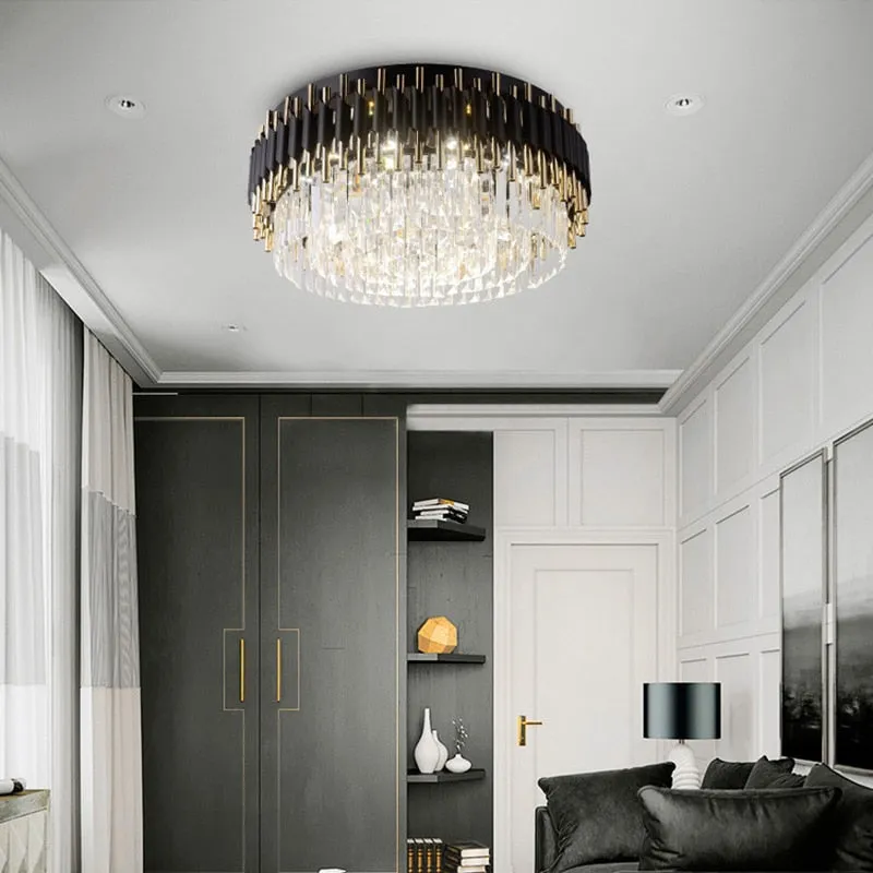 Modern luxury black   gold chandelier lighting large round crystal lamps living room bedroom LED chandelier