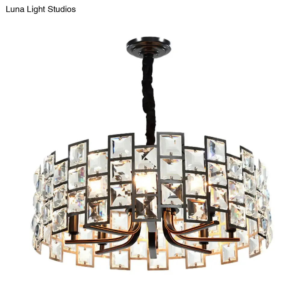 Modern Round Pendant Lighting - 8-Light Crystal Block Chandelier Lamp in Black