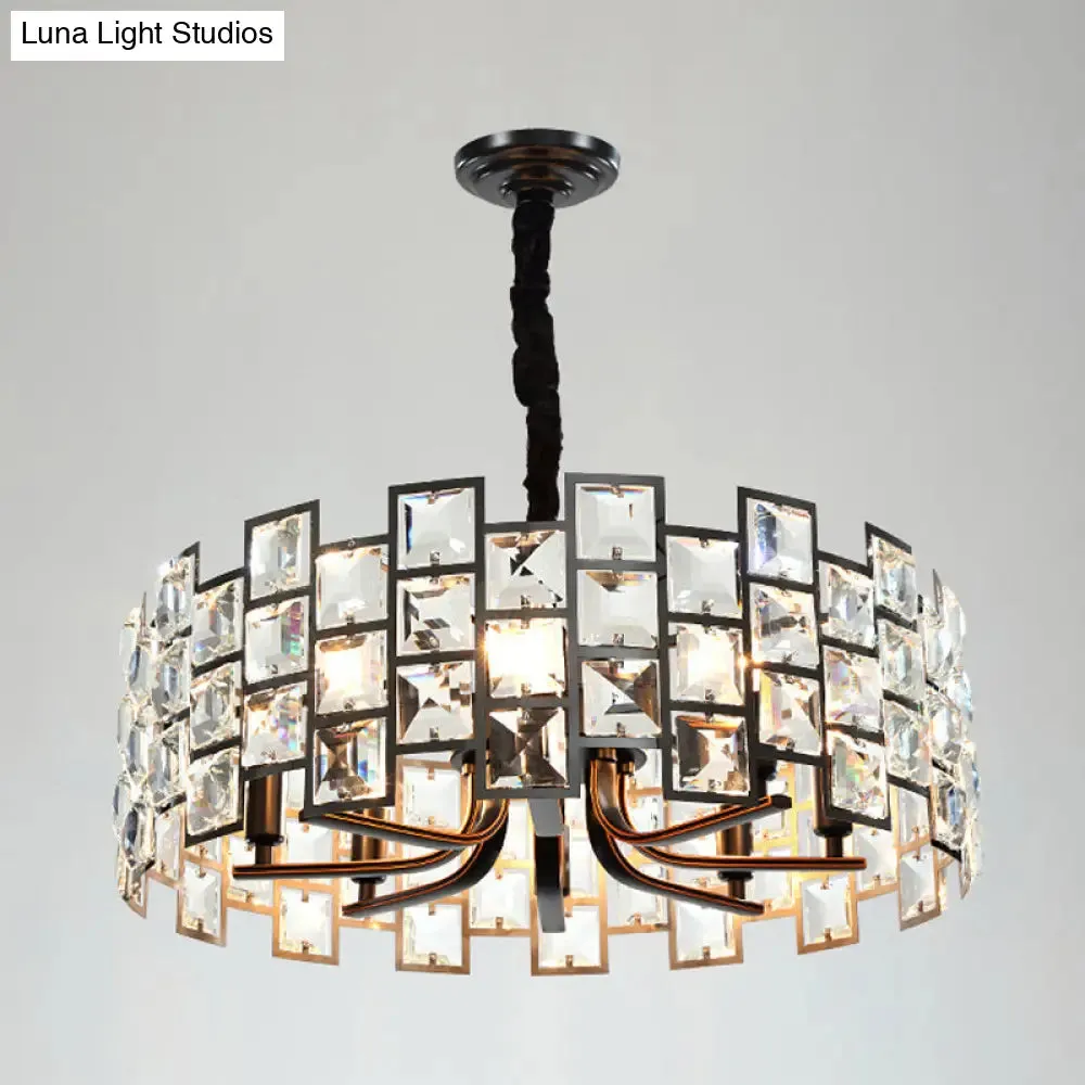 Modern Round Pendant Lighting - 8-Light Crystal Block Chandelier Lamp in Black