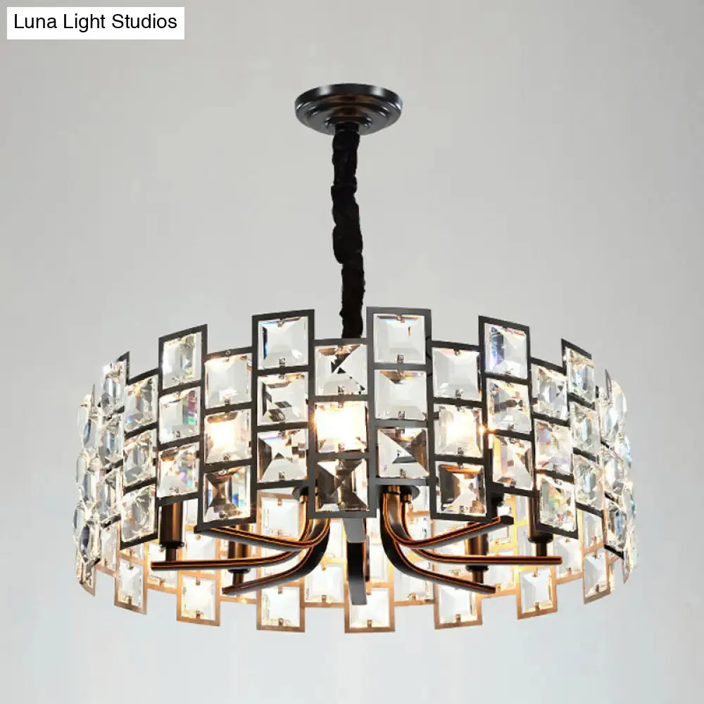 Modern Round Pendant Lighting - 8-Light Crystal Block Chandelier Lamp in Black