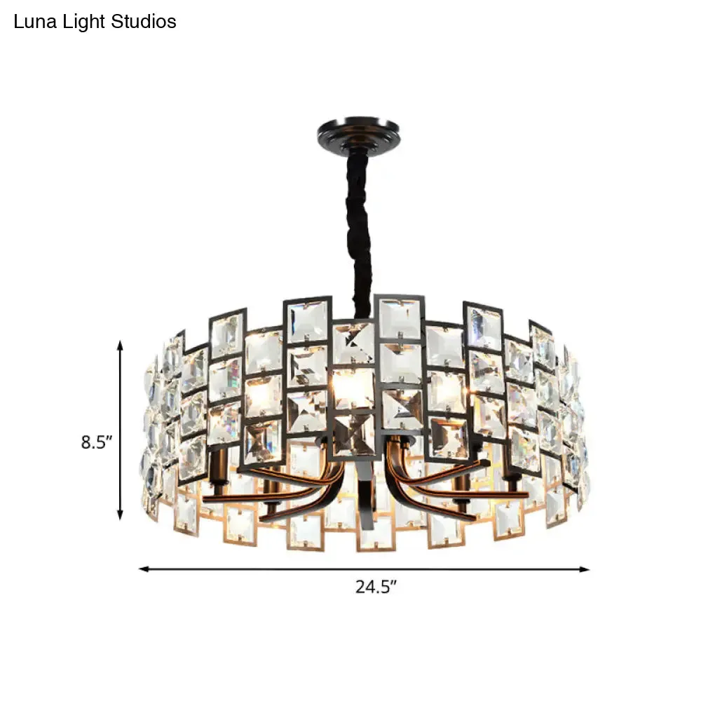Modern Round Pendant Lighting - 8-Light Crystal Block Chandelier Lamp in Black