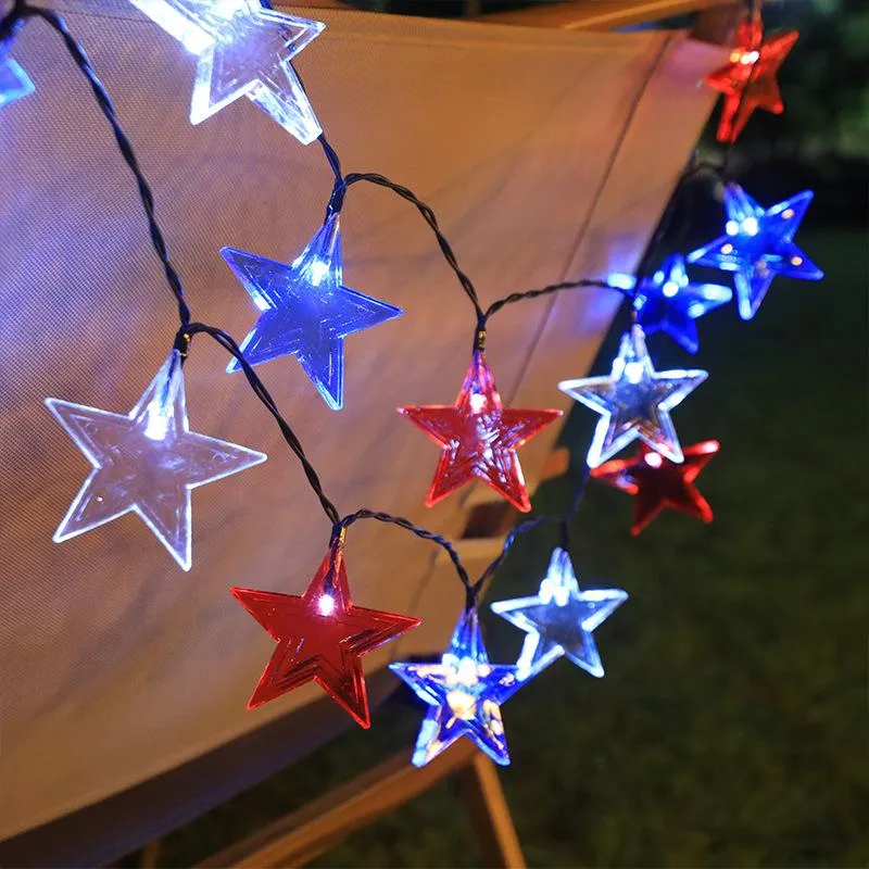 Outdoor Solar Christmas Lights, 4th of July Star LED String Lights, Red White Blue Patriotic String with 6H Timer, Waterproof Decorative Fairy Lights for Independence Day & Christmas Decor
