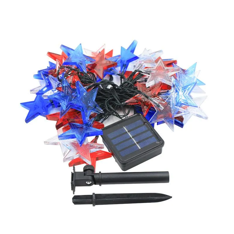 Outdoor Solar Christmas Lights, 4th of July Star LED String Lights, Red White Blue Patriotic String with 6H Timer, Waterproof Decorative Fairy Lights for Independence Day & Christmas Decor