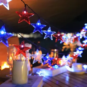 Outdoor Solar Christmas Lights, 4th of July Star LED String Lights, Red White Blue Patriotic String with 6H Timer, Waterproof Decorative Fairy Lights for Independence Day & Christmas Decor