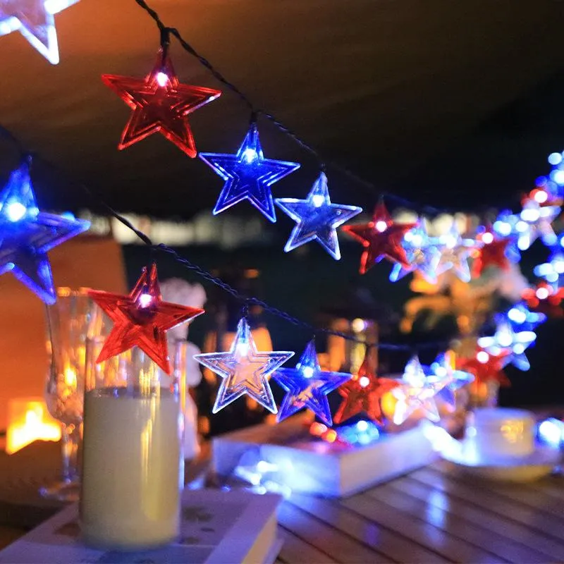 Outdoor Solar Christmas Lights, 4th of July Star LED String Lights, Red White Blue Patriotic String with 6H Timer, Waterproof Decorative Fairy Lights for Independence Day & Christmas Decor
