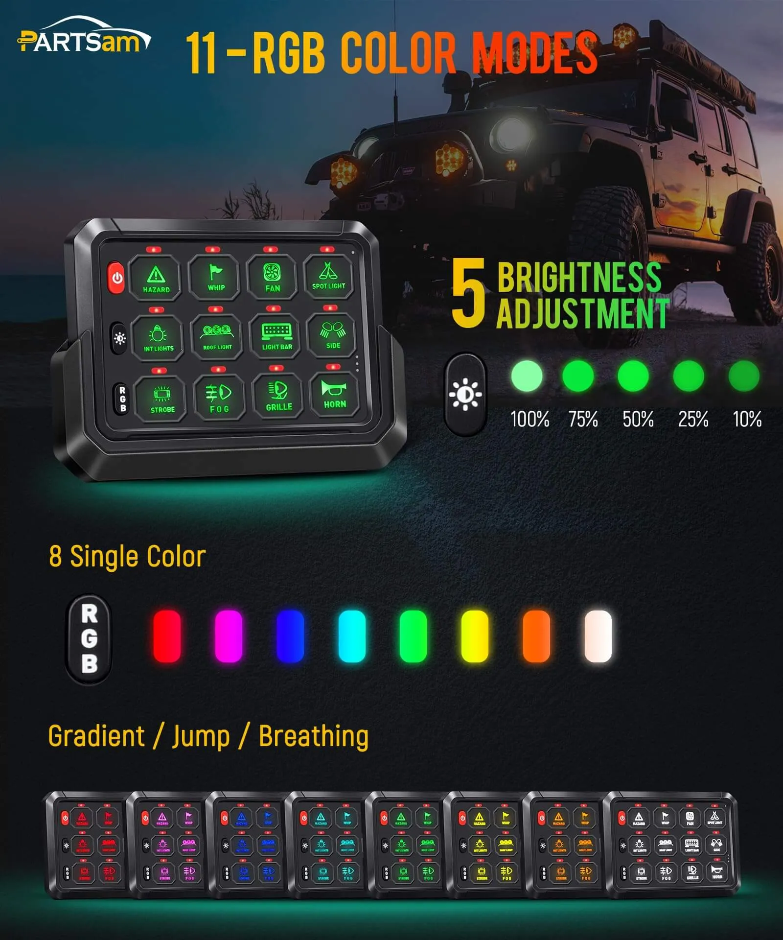 Partsam RGB 12 Gang Switch Panel 265 ft Wireless Waterproof Universal Circuit Control Relay System Box Switch Pod w/3 Silicone Button 5 Brightness Levels for Offroad Truck RV ATV UTV Boat