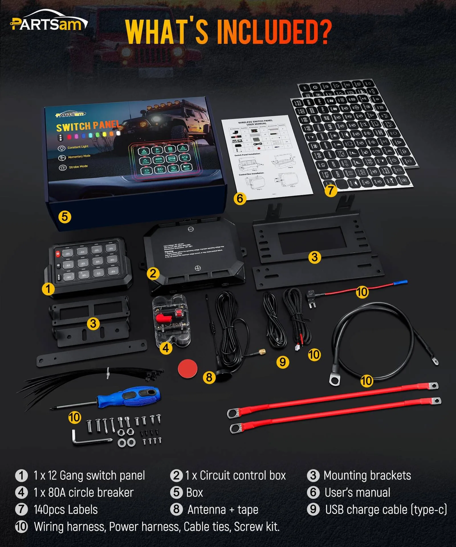 Partsam RGB 12 Gang Switch Panel 265 ft Wireless Waterproof Universal Circuit Control Relay System Box Switch Pod w/3 Silicone Button 5 Brightness Levels for Offroad Truck RV ATV UTV Boat