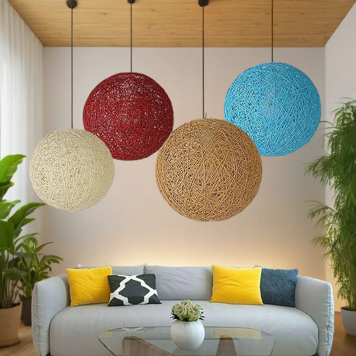 Rattan Wicker Globe Pendant Light - 7 Colours