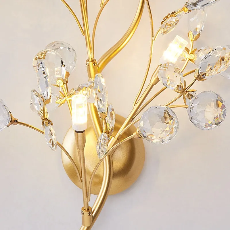 Romantic Flowers Branches G4 Bulb Wall Lights Clear Crystal Living Room Bedroom Decoration Sconce Gold Metal Drop Shipping
