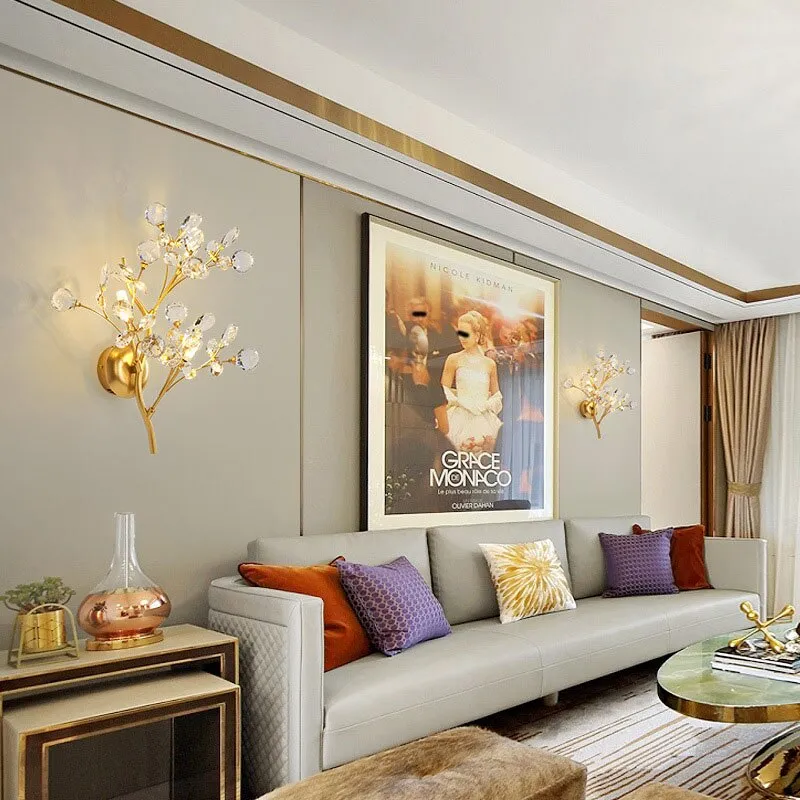 Romantic Flowers Branches G4 Bulb Wall Lights Clear Crystal Living Room Bedroom Decoration Sconce Gold Metal Drop Shipping