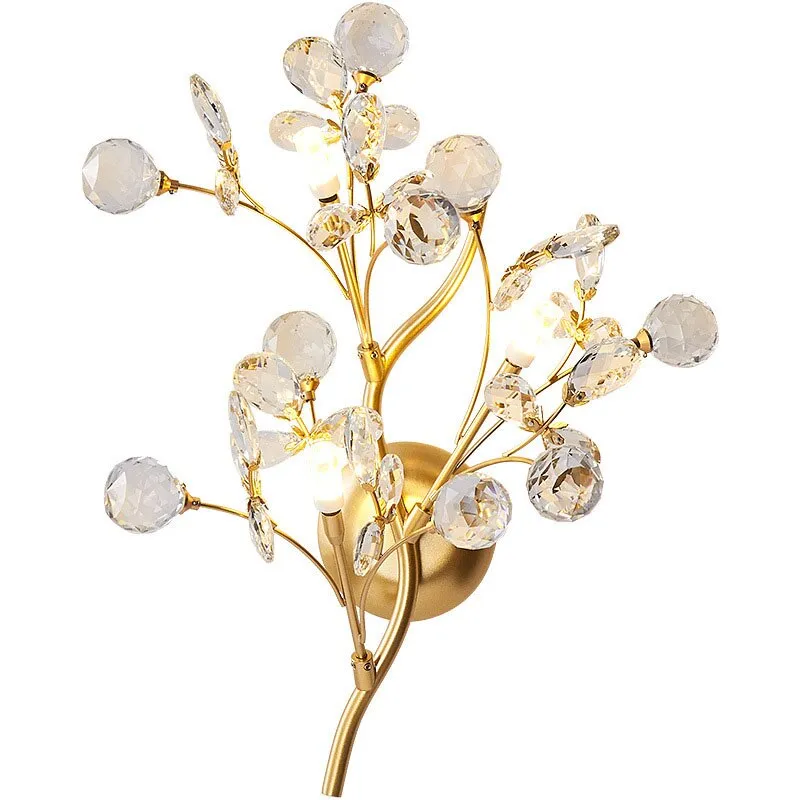 Romantic Flowers Branches G4 Bulb Wall Lights Clear Crystal Living Room Bedroom Decoration Sconce Gold Metal Drop Shipping
