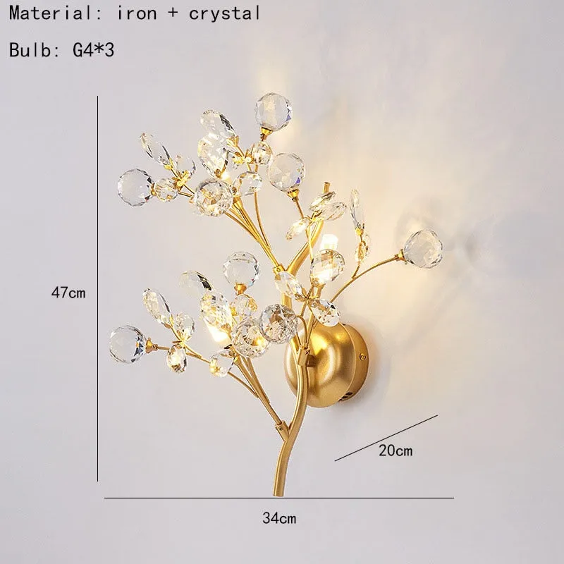 Romantic Flowers Branches G4 Bulb Wall Lights Clear Crystal Living Room Bedroom Decoration Sconce Gold Metal Drop Shipping