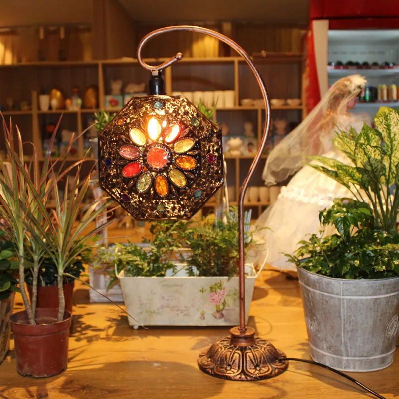 Rukh - Octagon Stained Glass Bronze Night Lamp: Exquisite Bohemia Table Light