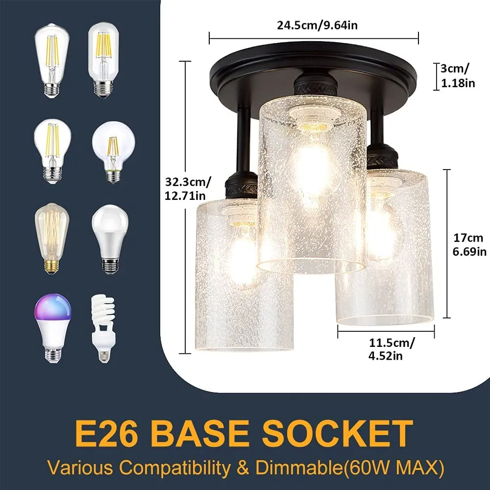 Semi Flush Mount Ceiling Light Farmhouse Seeded Glass Chandelier with 3-Light