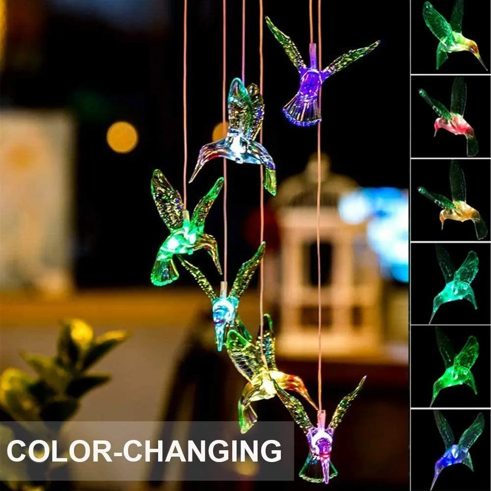 Solar Changing Color Hummingbird Wind Chime Hanging Lamp Windchime Light Garden